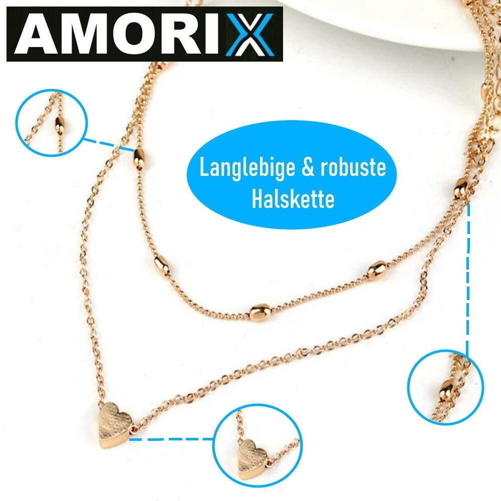 AMORIX Damen Doppel Kette Halskette Gold Herz Set Blogger kurz Valentinstag