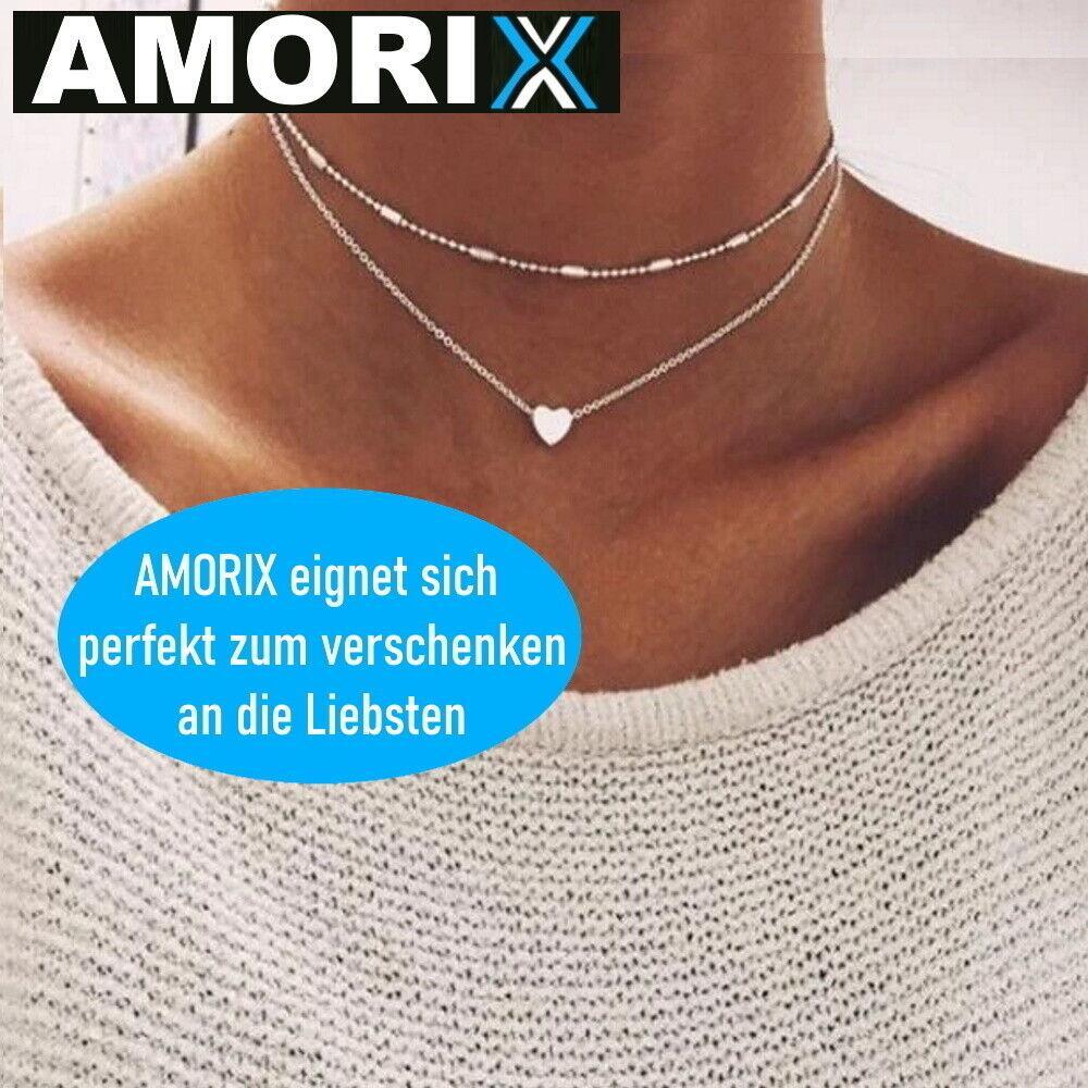 AMORIX Damen Doppel Kette Halskette silber Herz Set Blogger kurz Valentinstag