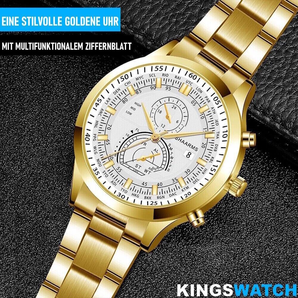 KINGSWATCH Armbanduhr Armband Set Edelstahl Herrenuhr Golduhr Goldarmband Quarz
