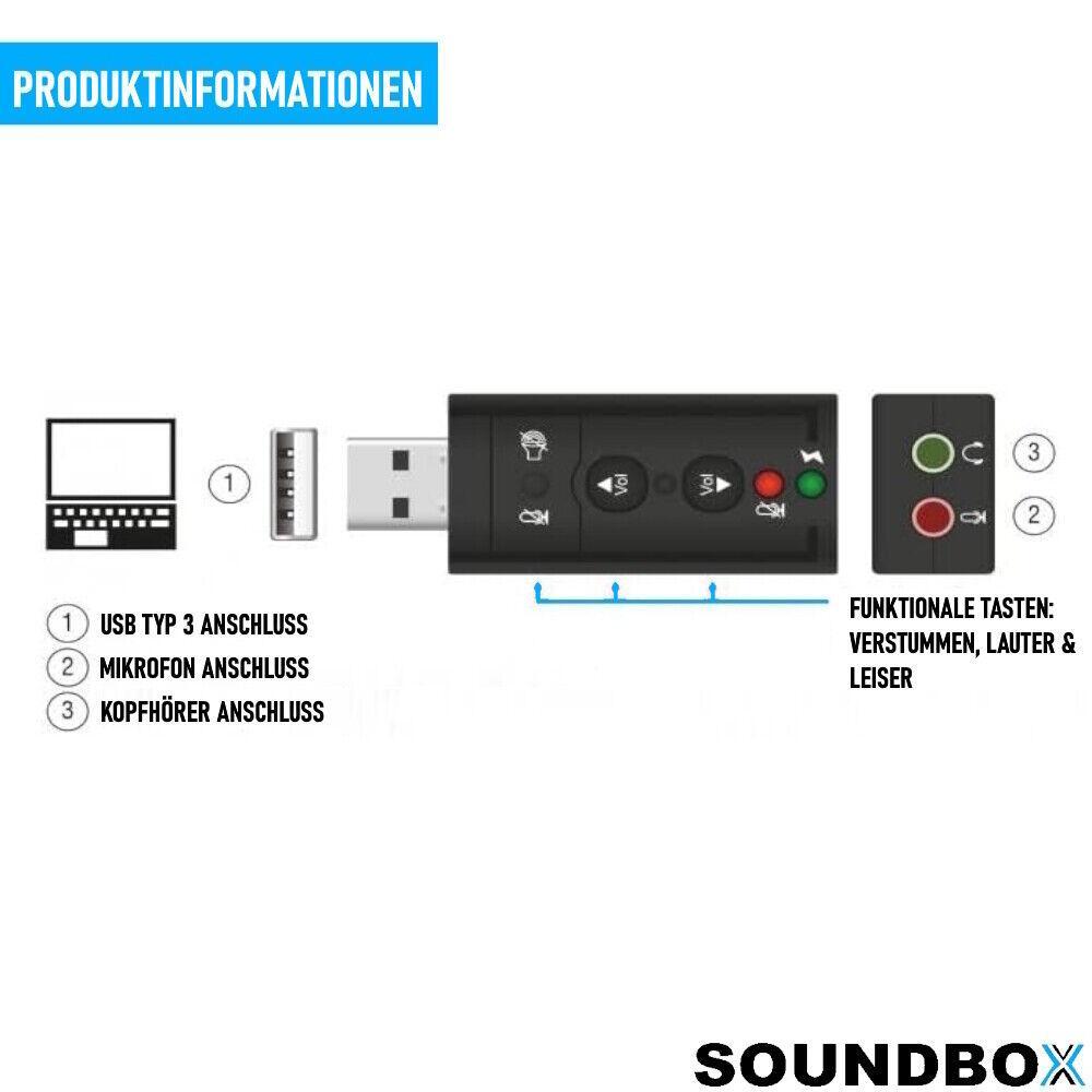 SOUNDBOX USB Soundkarte externer Soundadapter 7.1 Surround 3D Effekt Laptop PC