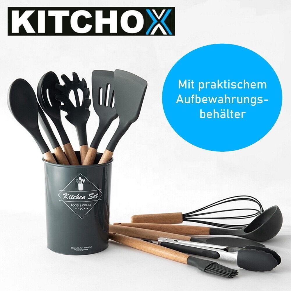 KITCHOX Küchenutensilien Set Holz Silikon Koch Besteck Löffel Helfer [12teilig]