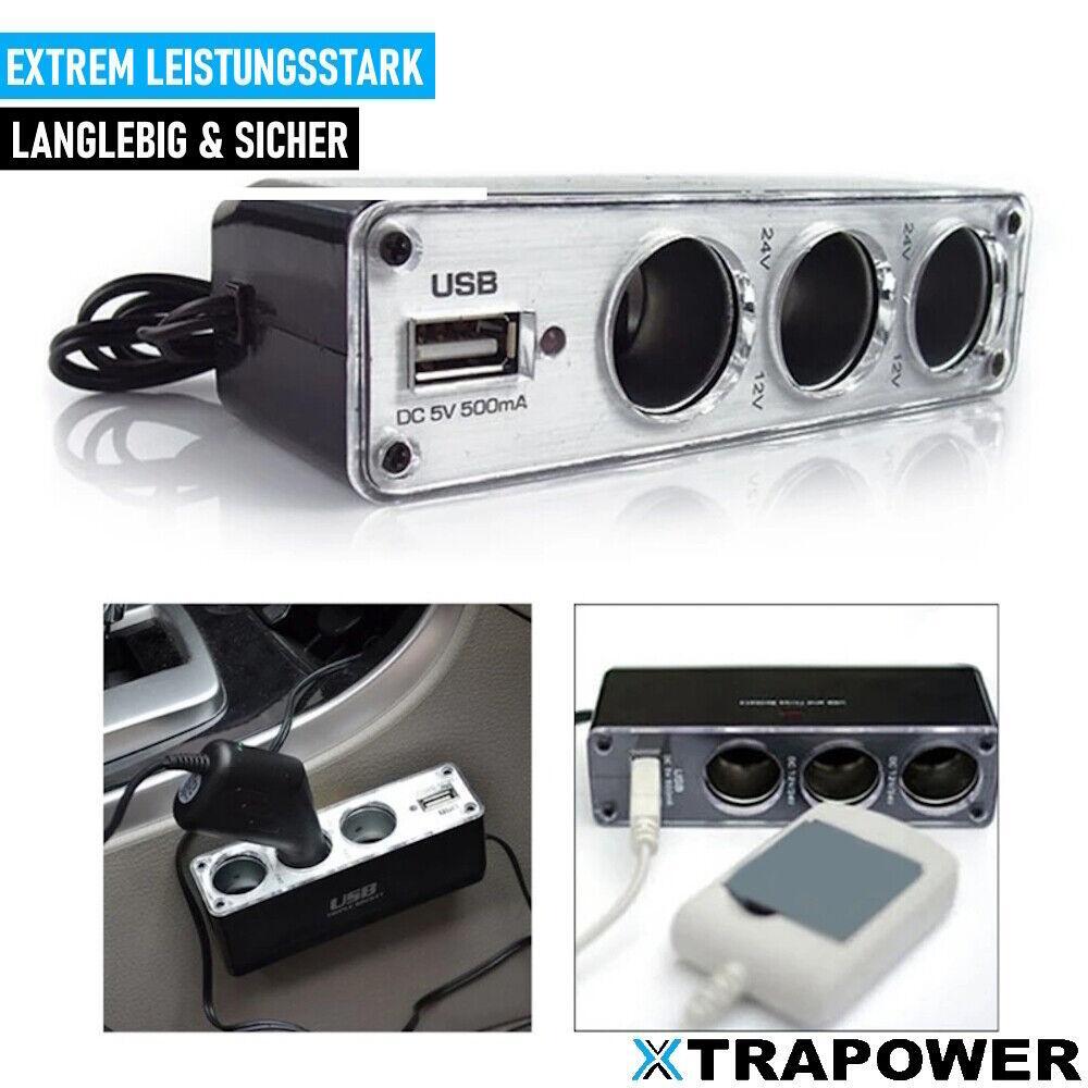 XTRAPOWER Zigarettenanzünder Verteiler Auto KFZ Adapter 3-Fach Splitter mit USB