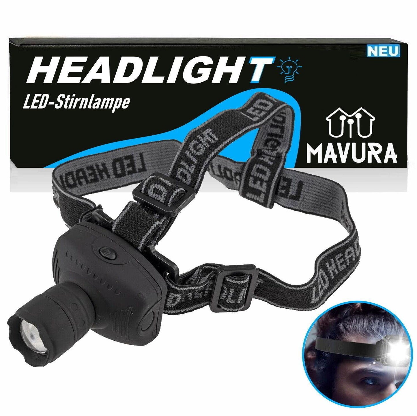 HEADLIGHT Kopflampe Stirnlampe LED Kopfleuchte Batterie Sport Joggen Lampe 5W