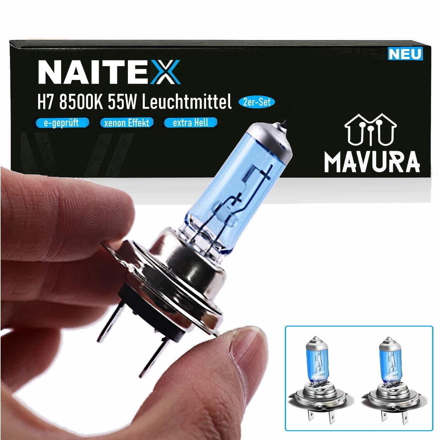 NAITEX SUPER WHITE H7 8500K 55W HALOGEN LAMPEN XENON LOOK EFFEKT BIRNEN LEUCHTEN