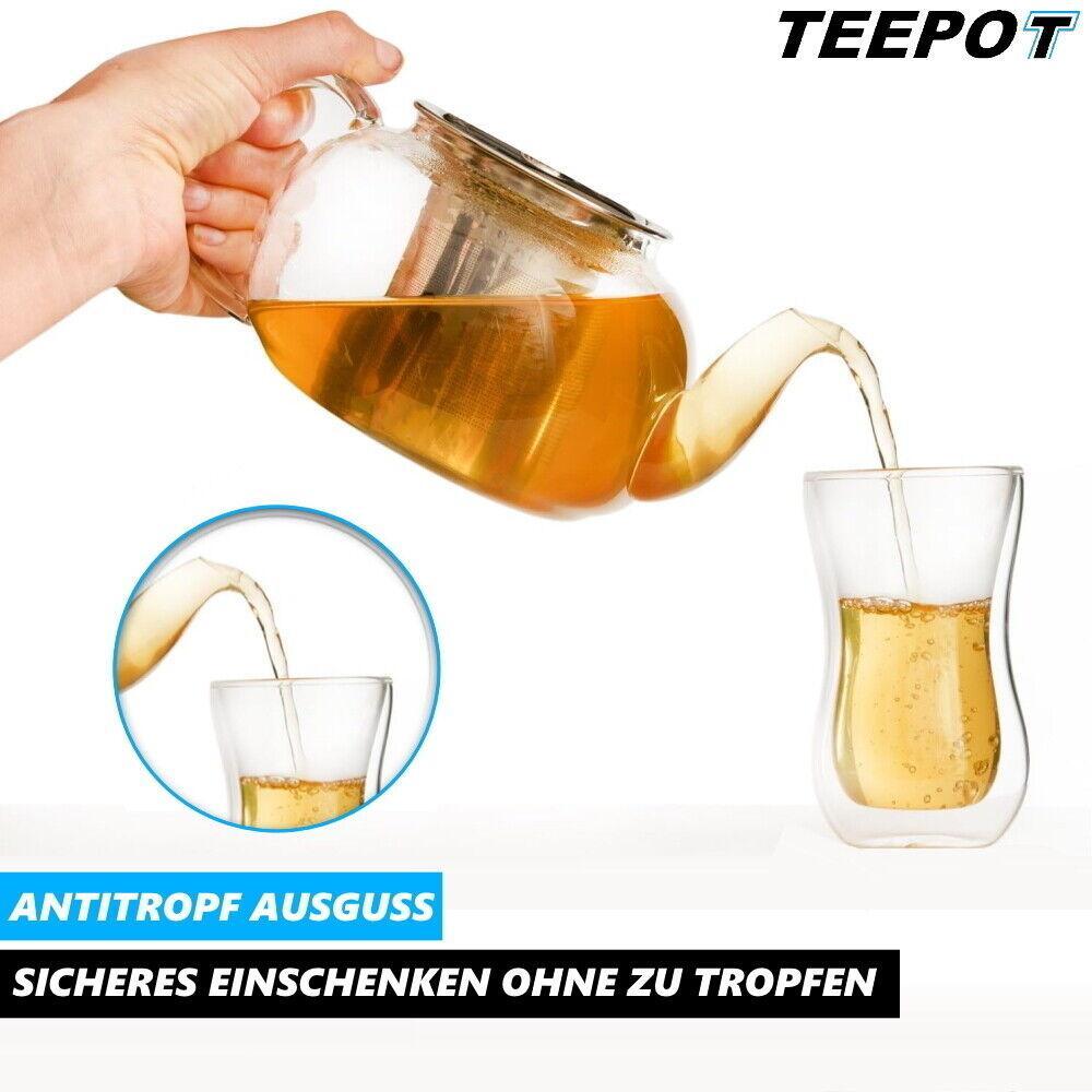 TEEPOT Teekanne mit Siebeinsatz Glaskanne Glasteekanne mit Teesieb Teebereiter