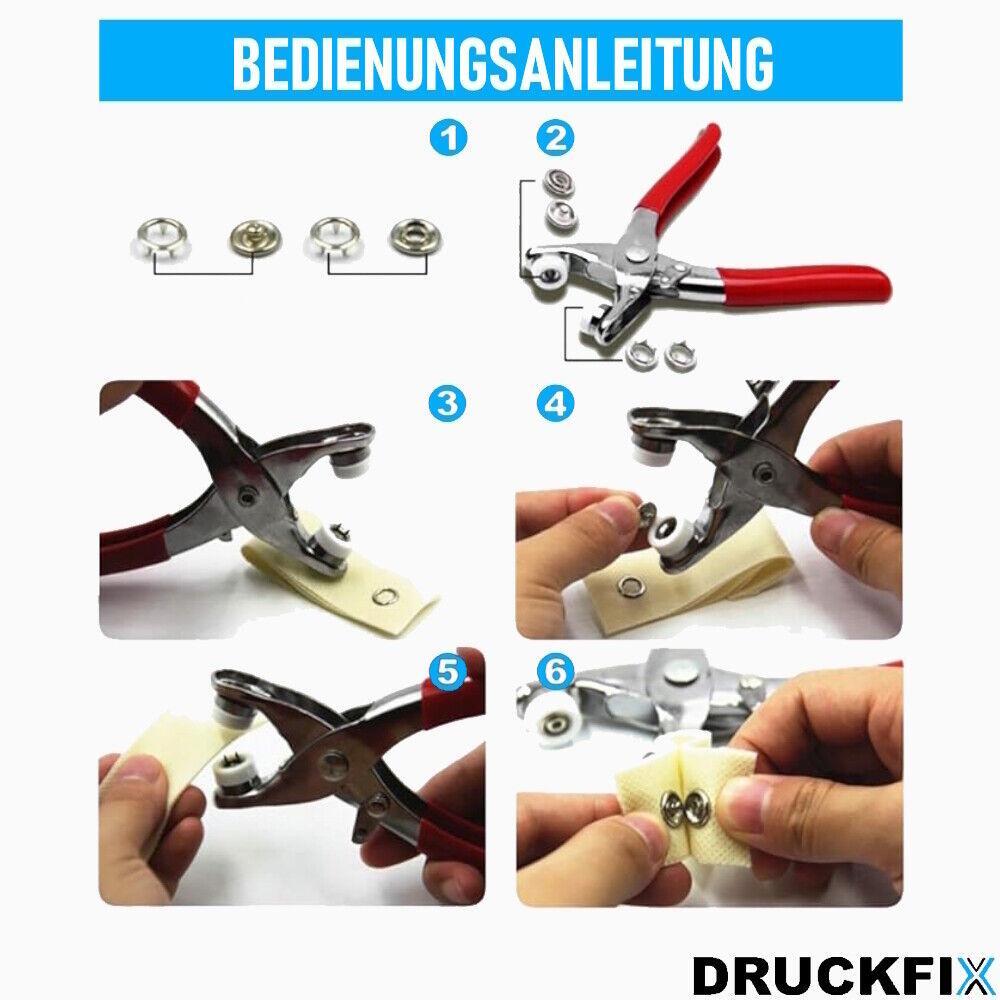 DRUCKFIX Druckknopf Kit Druckknopf-Setter-Werkzeug 100 Drückknöpfen & Zange