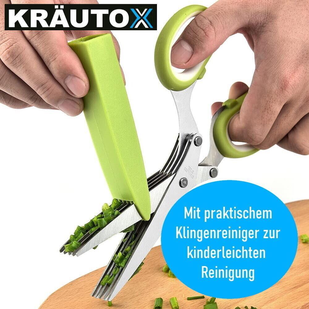 KRÄUTOX Kräuterschere 5 Klingen Edelstahl Kräutermesser mit Reinigungskappe