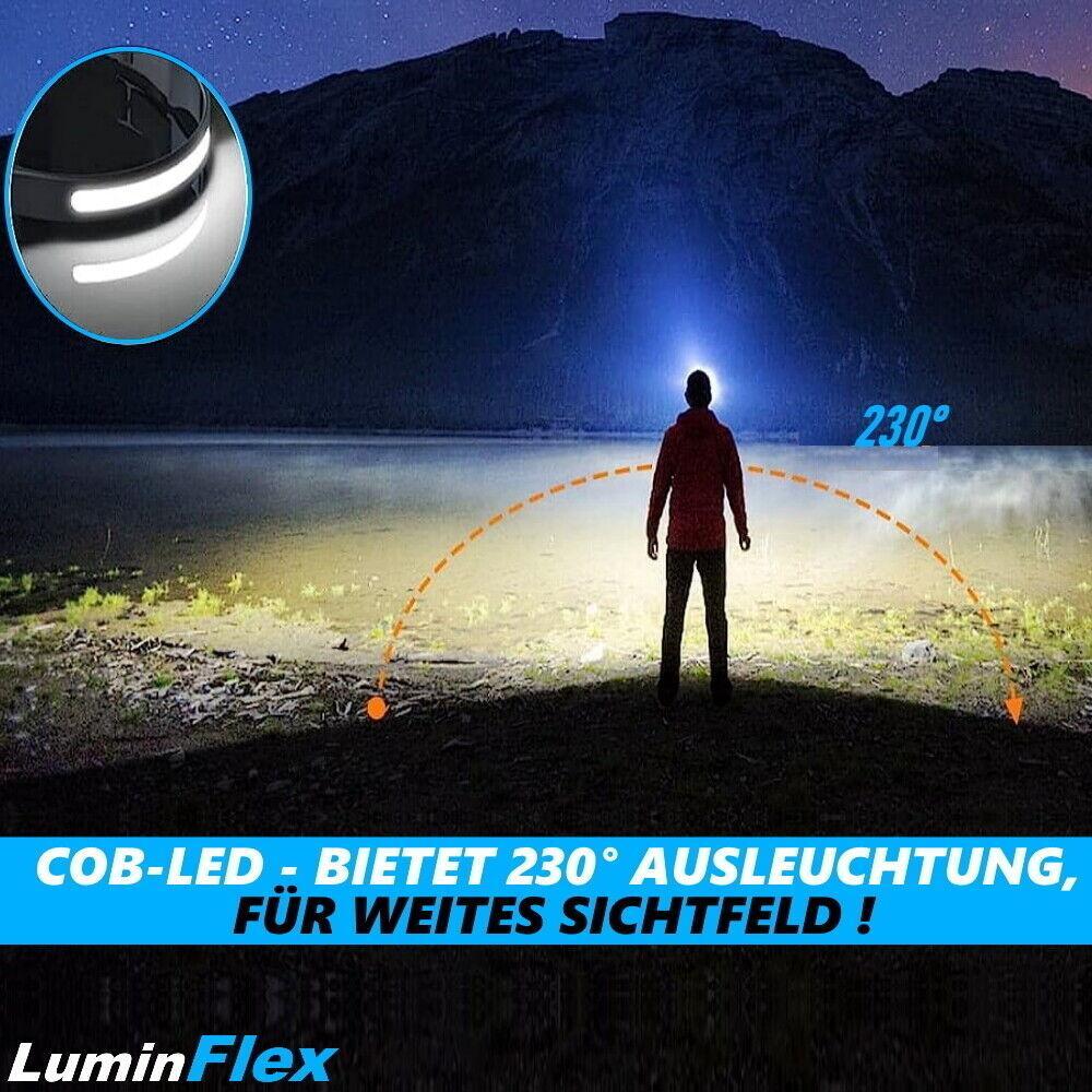 LuminFlex LED Stirnlampe Kopflampe COB 5 Modi 230° aufladbar wasserdicht extrem