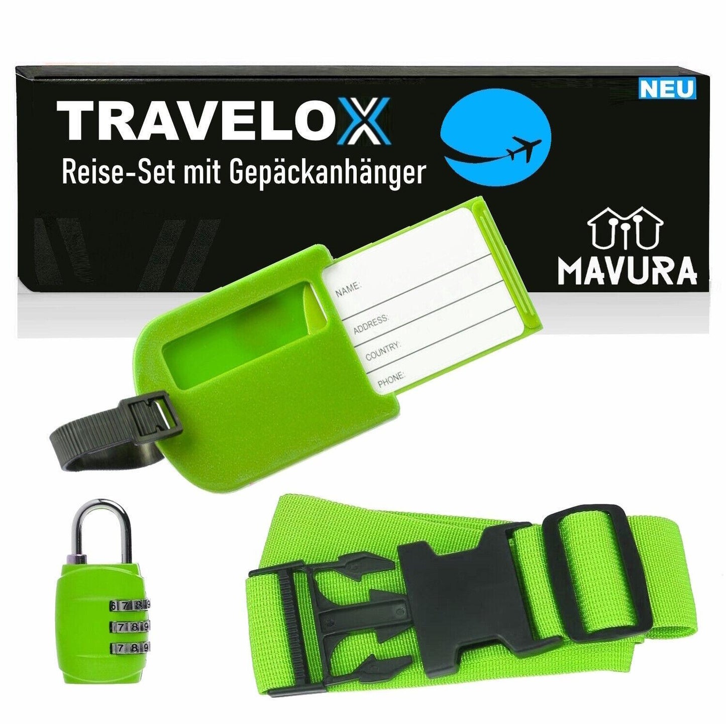 TRAVELOX Koffergurt Gepäckgurt Kofferanhänger Gepäckschloss Gepäckanhänger Grün