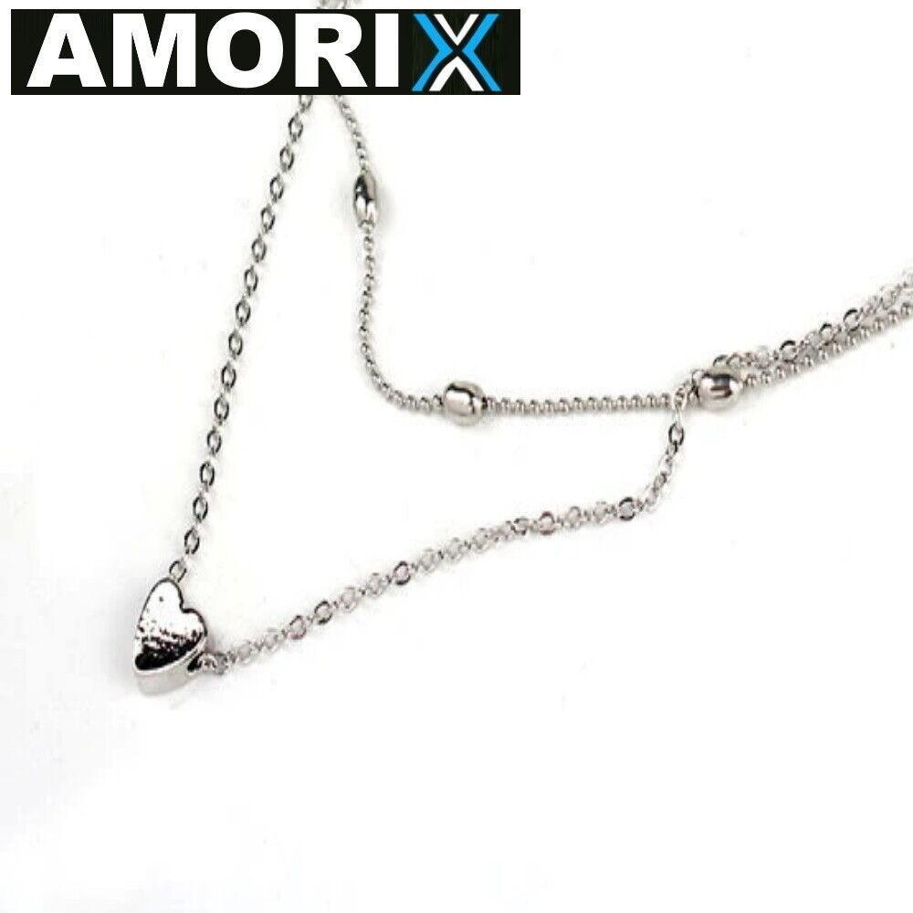 AMORIX Damen Doppel Kette Halskette silber Herz Set Blogger kurz Valentinstag