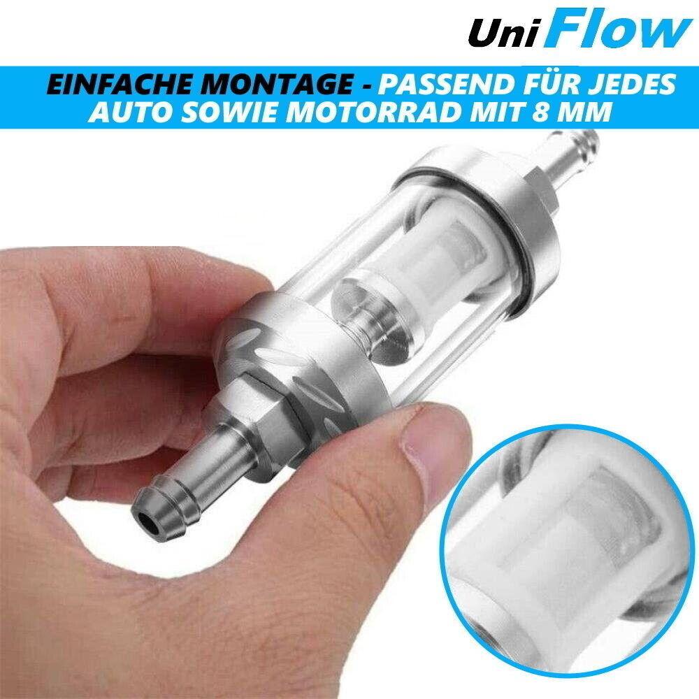 UniFlow Chrom Glas Kraftstoff Filter Benzin Diesel Aluminium Universal 8mm