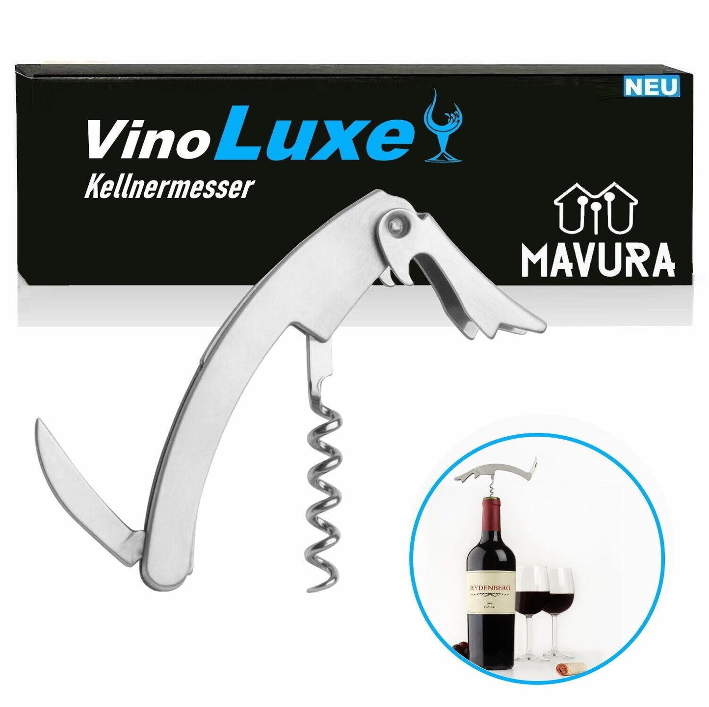 VinoLuxe Kellnermesser Edelstahl Kellnerbesteck Korkenzieher Sommeliermesser