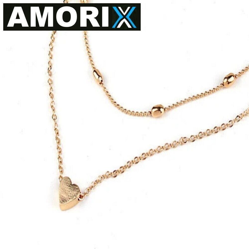 AMORIX Damen Doppel Kette Halskette Gold Herz Set Blogger kurz Valentinstag