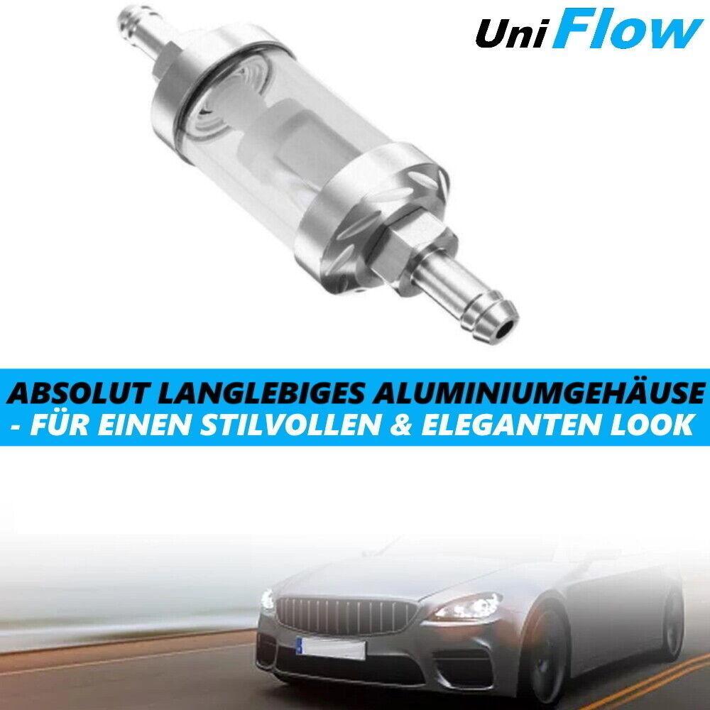 UniFlow Chrom Glas Kraftstoff Filter Benzin Diesel Aluminium Universal 8mm