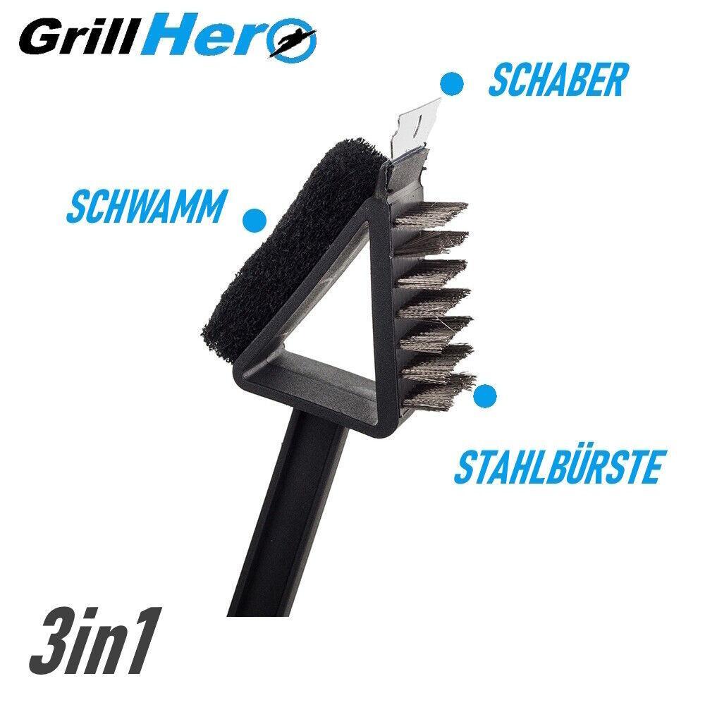 GRILLHERO 3in1 Grillreinigungsbürste Profi Grillbürste Grill Grillrost rostfrei