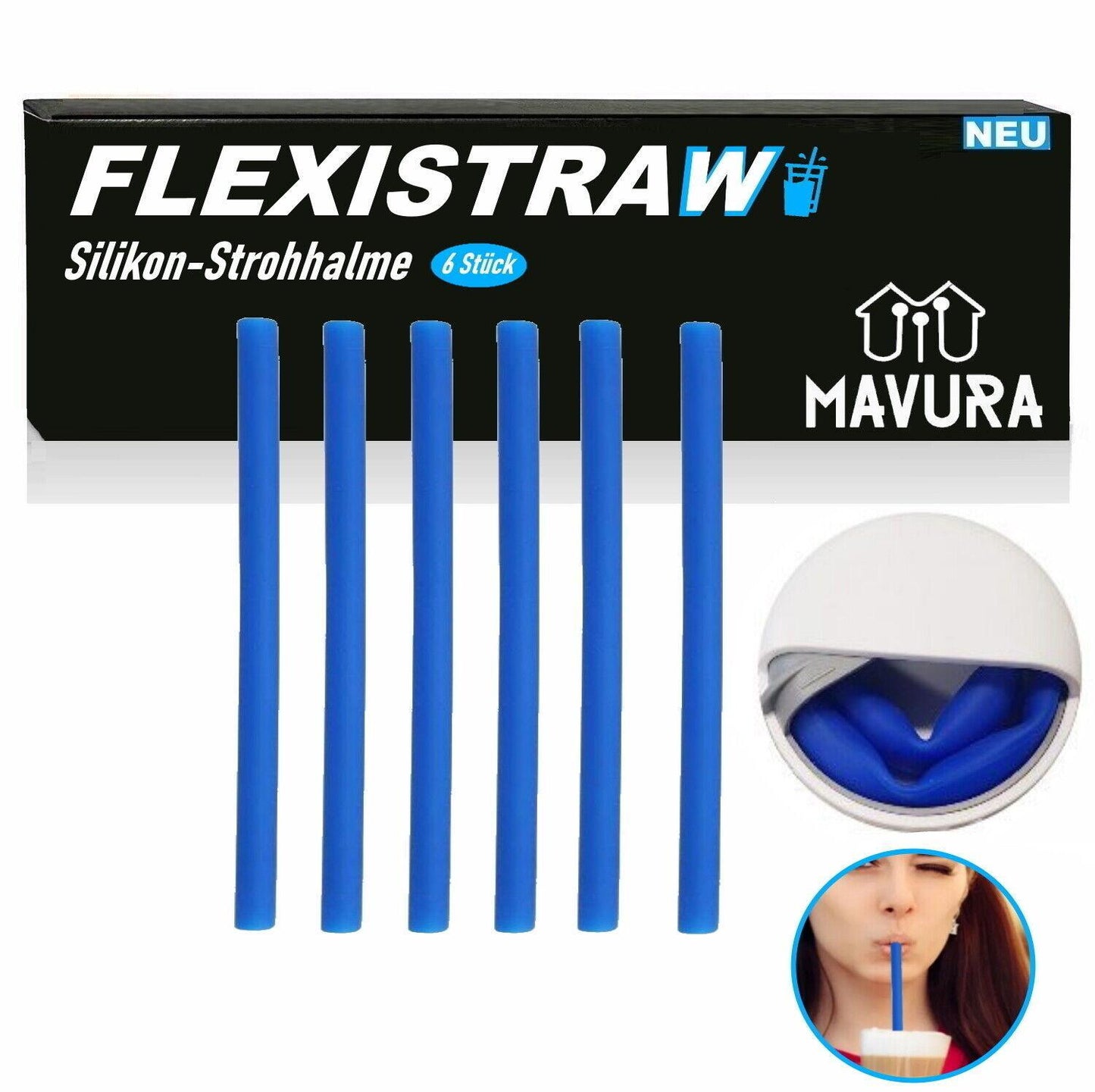 FLEXISTRAW Strohhalme Silikon Trinkhalme Wiederverwendbar Blau mit Box [6er Set]