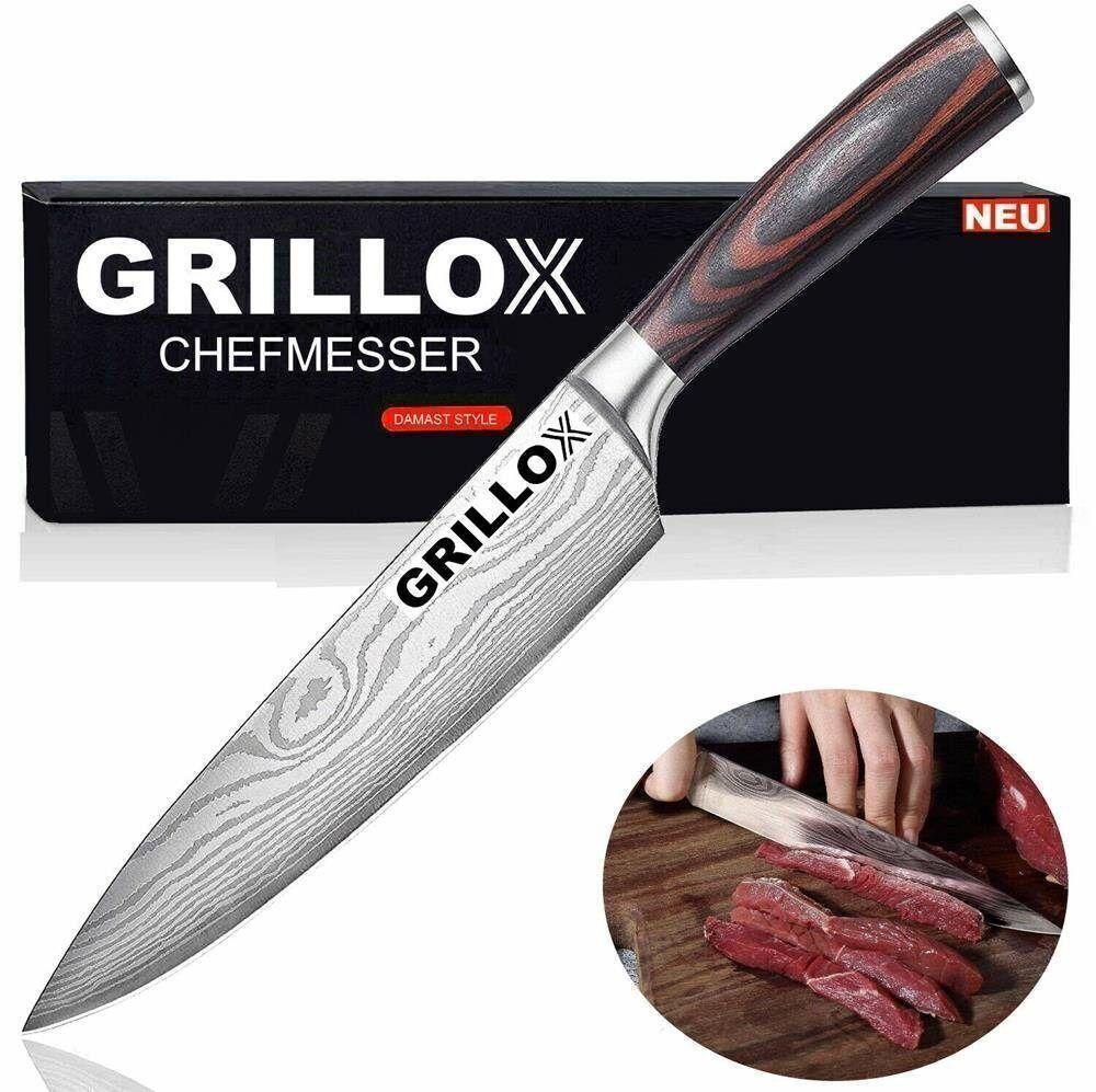 GRILLOX Kochmesser Profi Chefmesser Küchenmesser Fleischmesser Damast Look 20c