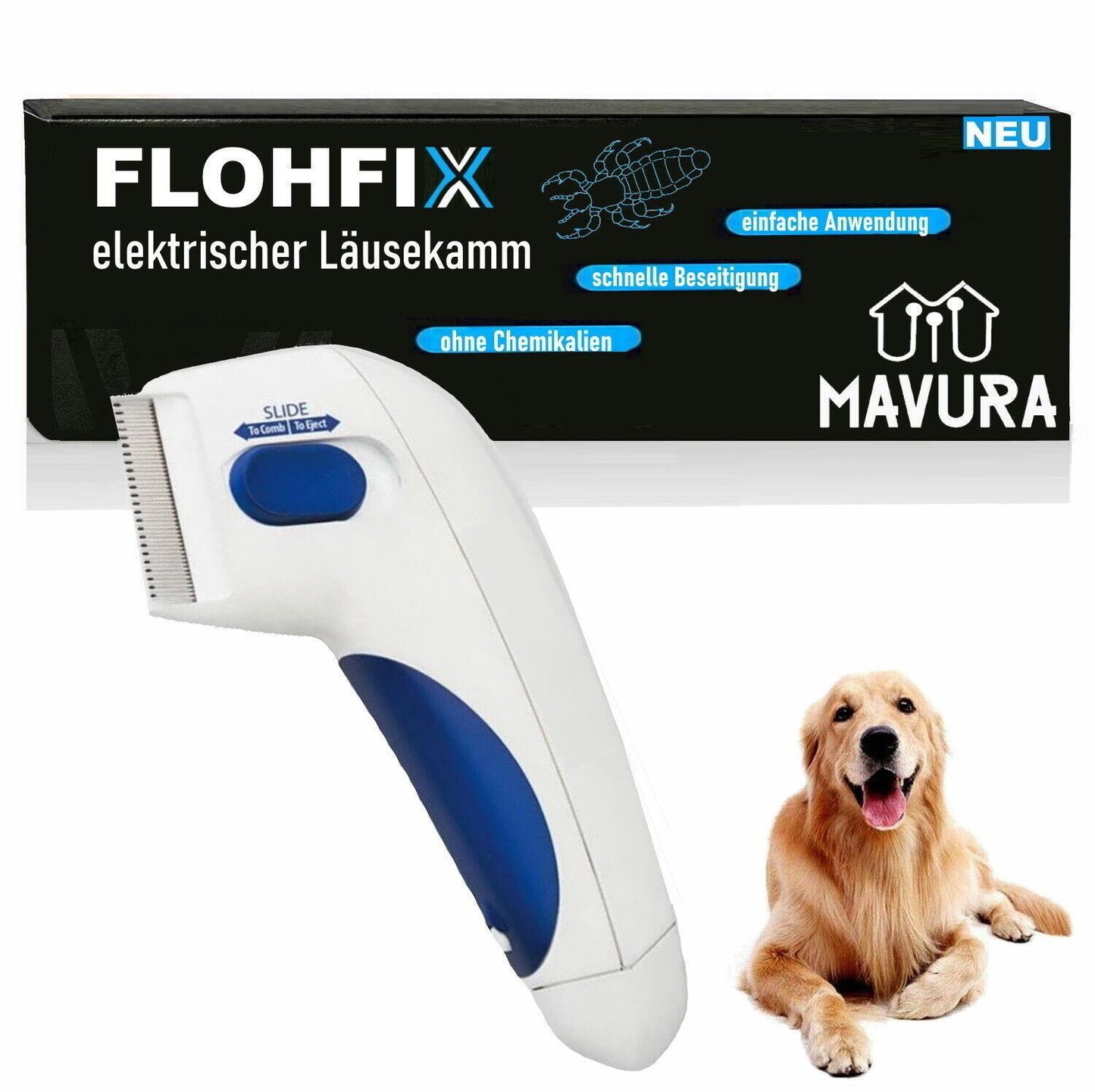 FLOHFIX elektrischer Läusekamm Nissenkamm Flohkamm Hunde Katzen Kinder Läusekamm