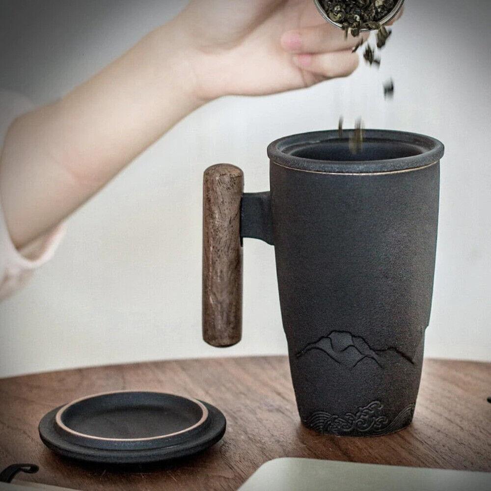 NORDTHAL Keramiktasse Kaffeetasse Teetasse Tasse mit Teesieb Holzgriff schwarz