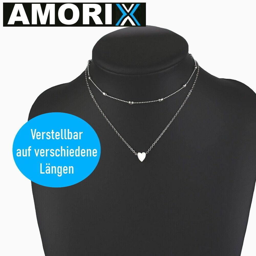 AMORIX Damen Doppel Kette Halskette silber Herz Set Blogger kurz Valentinstag