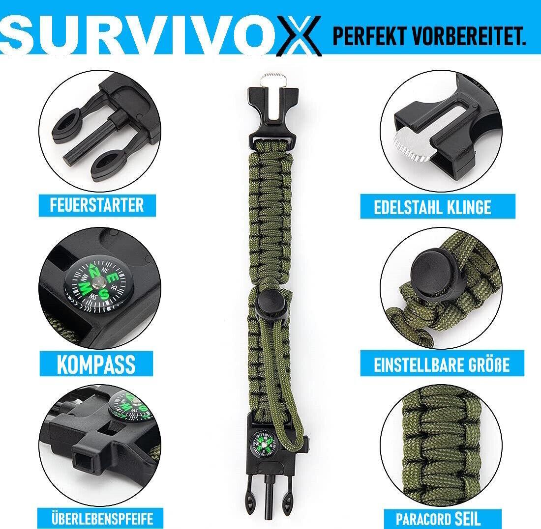 SURVIVOX Survival Armband Kompass Pfeife Feuerstarter Outdoor Paracord 5in1