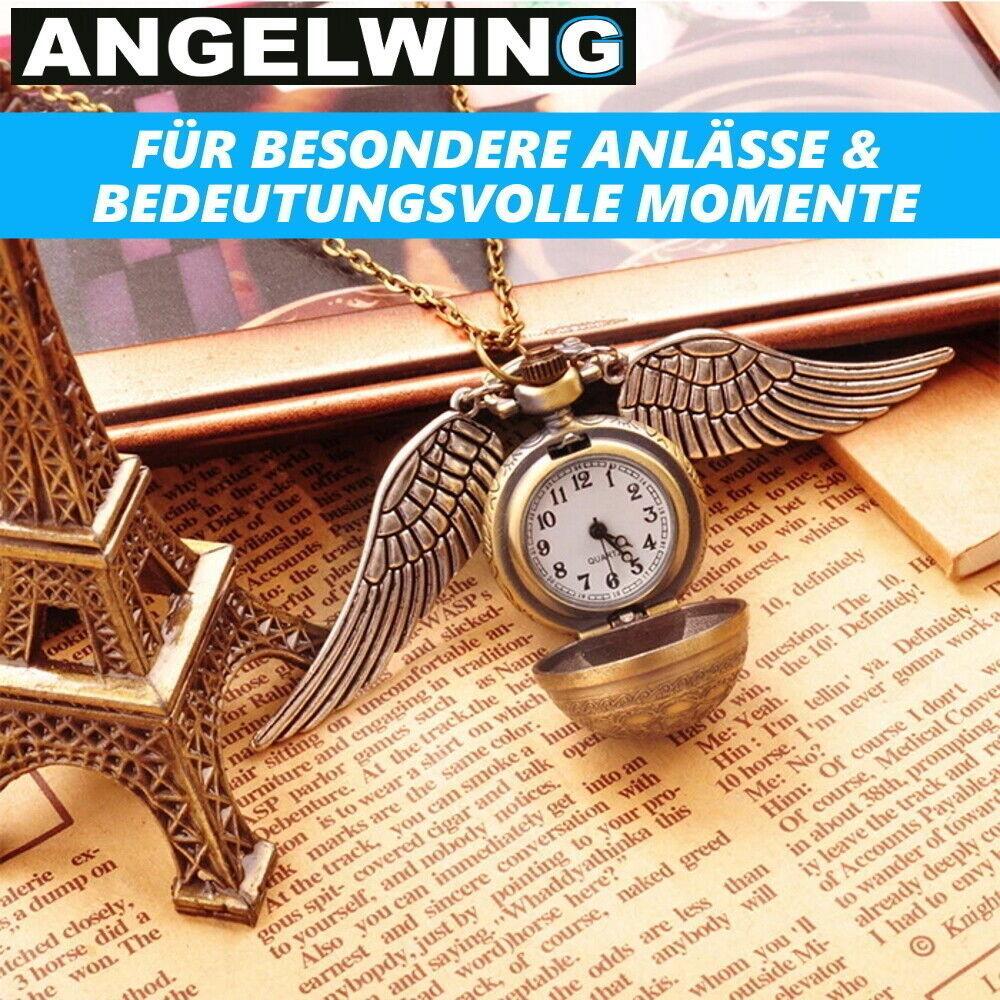 ANGELWING Engelsflügel Kette Goldener Schnatz Anhänger m Flügeln & Uhr Medaillon
