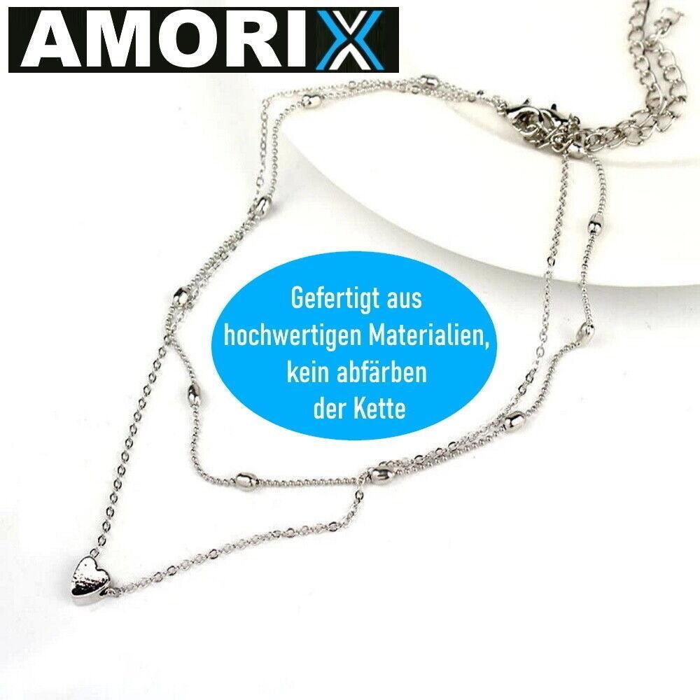AMORIX Damen Doppel Kette Halskette silber Herz Set Blogger kurz Valentinstag