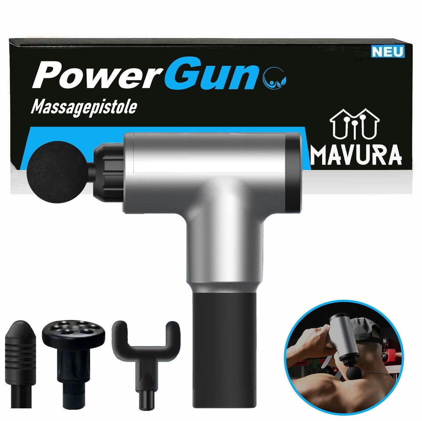 PowerGun Massagegerät Massagepistole Massagegun Set m. 4 Massageköpfe elektrisch
