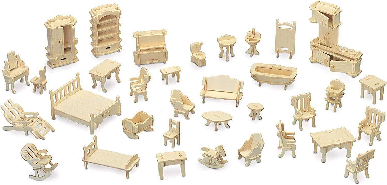 WoodArt Puppenmöbel Holz Bausatz Mini Puppen Möbel DIY Set 3D-Puzzle [34tlg]