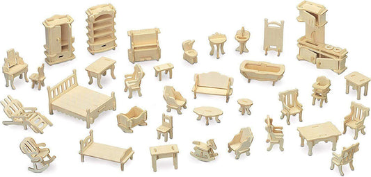 WoodArt Puppenmöbel Holz Bausatz Mini Puppen Möbel DIY Set 3D-Puzzle [34tlg]