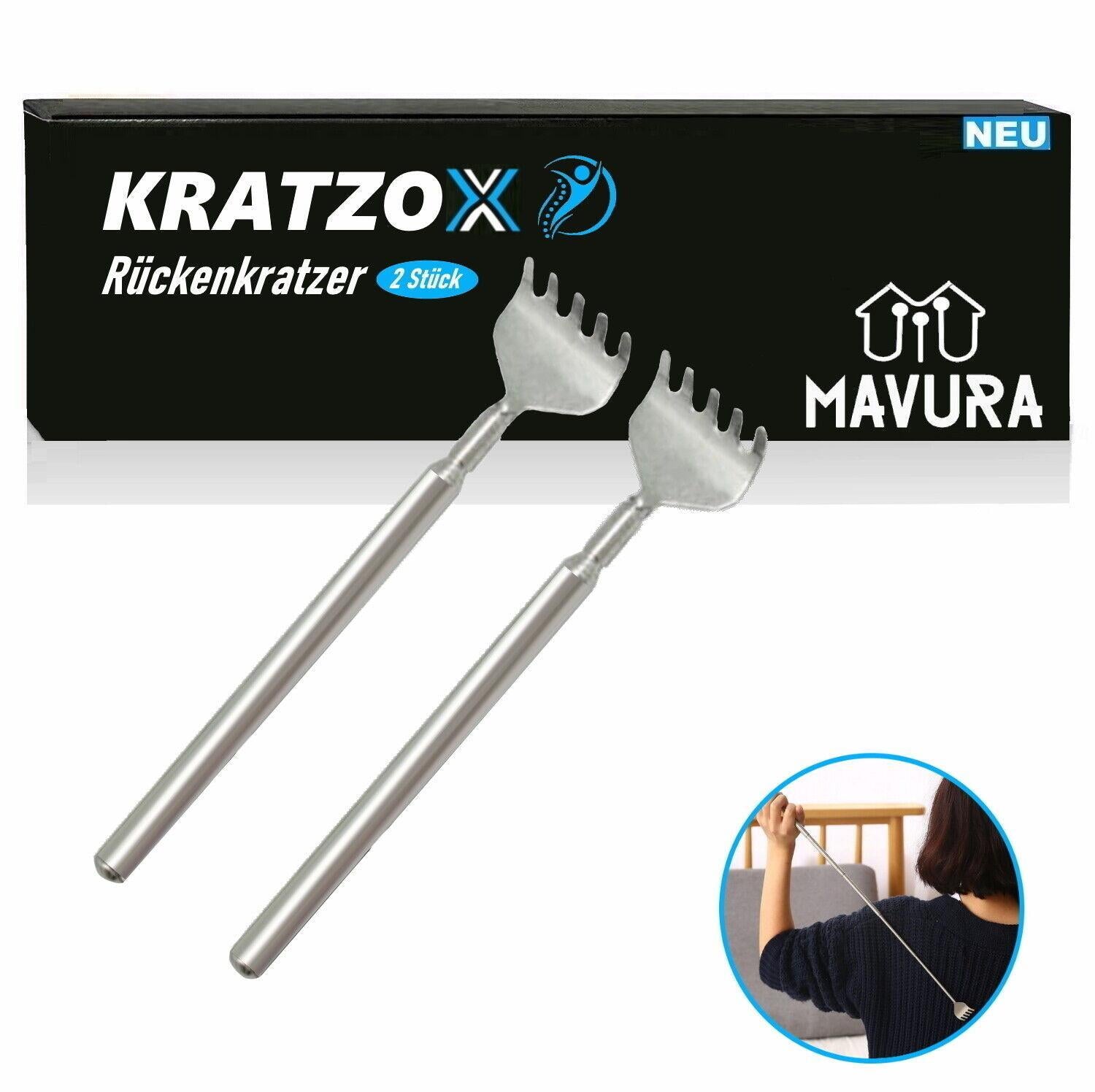 KRATZOX Rückenkratzer hochwertiger Edelstahl Teleskop ausziehbar bis 68cm [2er]