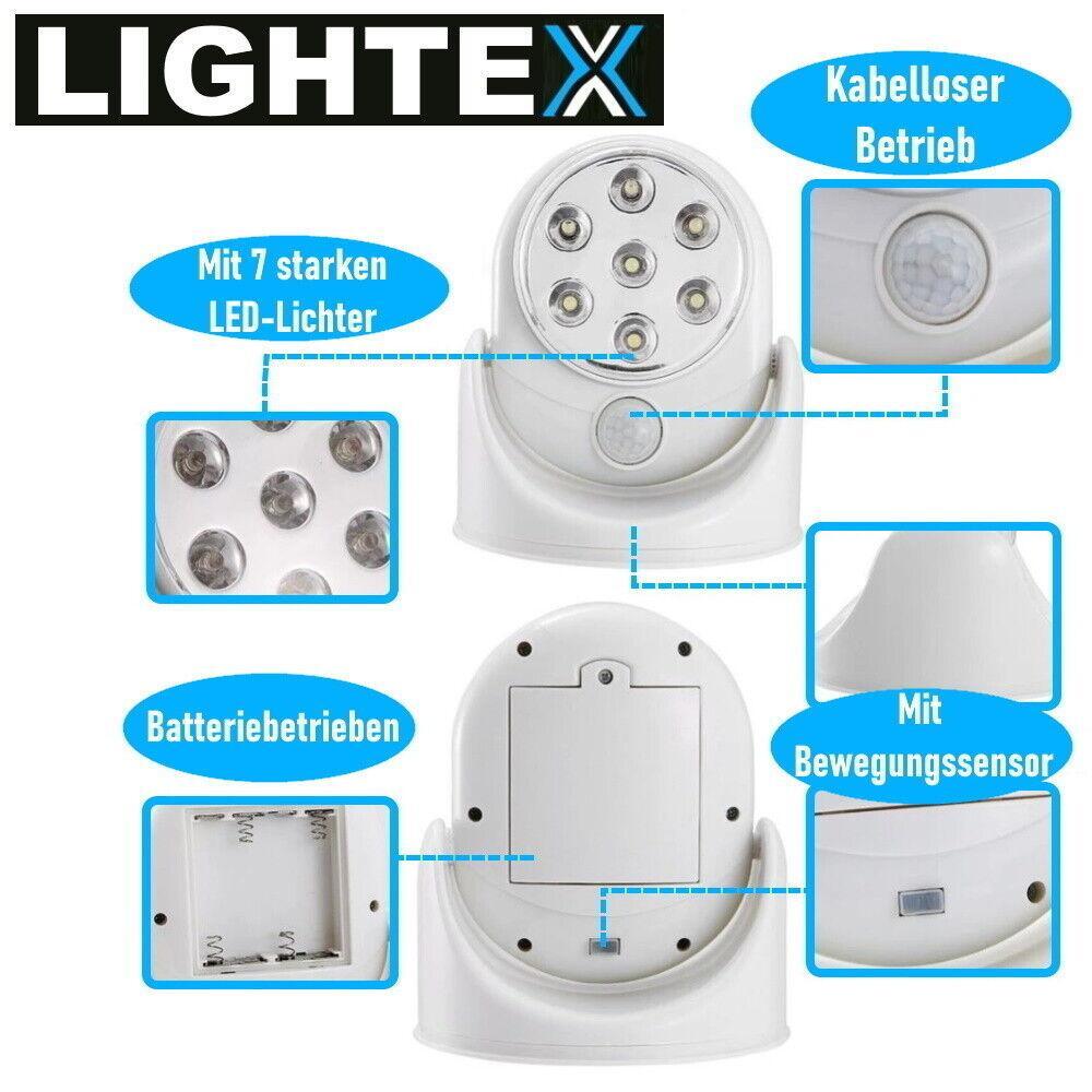 LIGHTEX LED Wandlampe Wandleuchte mit Bewegungsmelder Batterie Innen Außen