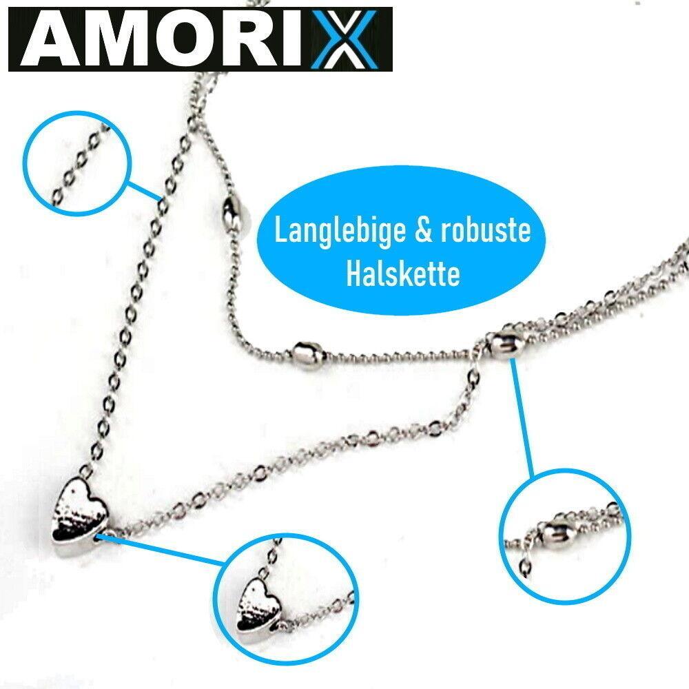 AMORIX Damen Doppel Kette Halskette silber Herz Set Blogger kurz Valentinstag