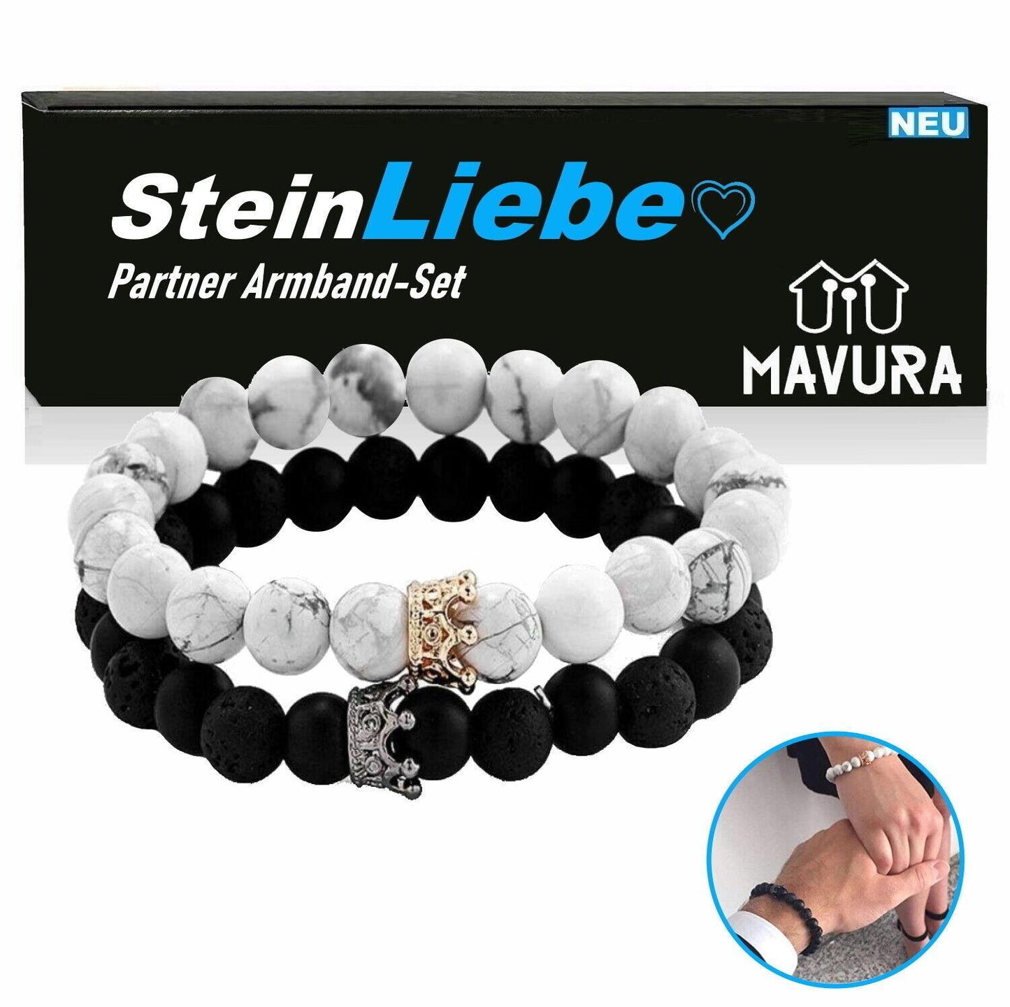 SteinLiebe Partner Armband King Queen Anhänger Set Perle Krone Marmor Optik