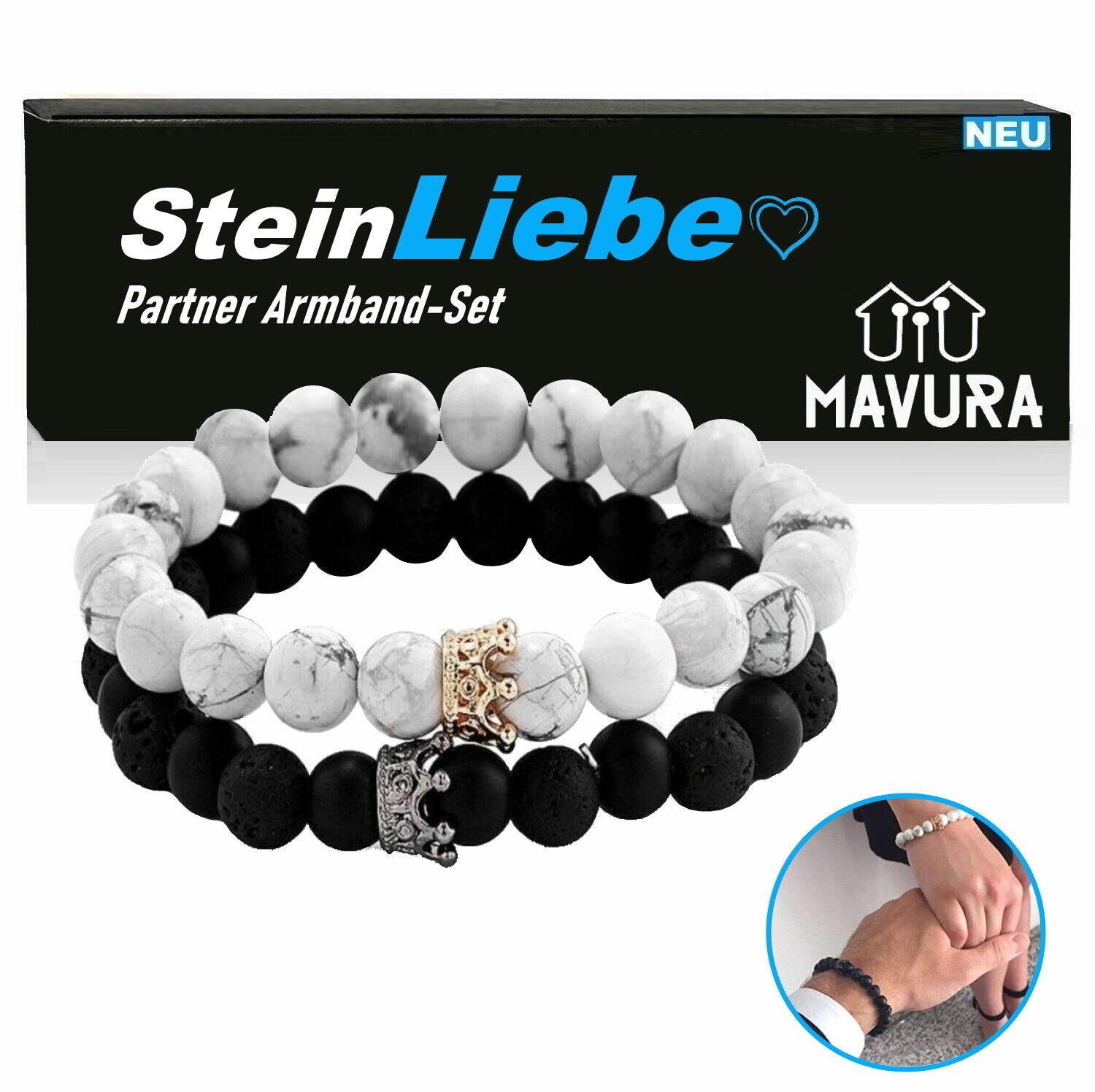SteinLiebe Partner Armband King Queen Anhänger Set Perle Krone Marmor Optik