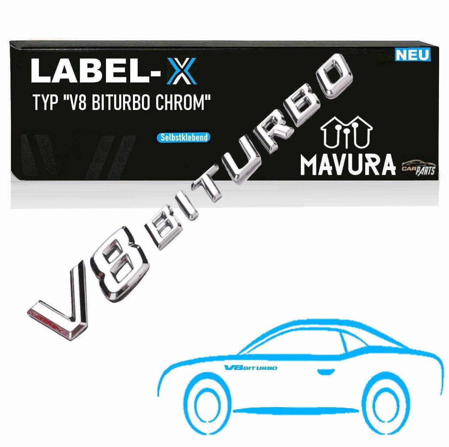 LABEL-X V8 Biturbo Schriftzug 3D Emblem Chrom G63 S63 SL63 CL63 C63 CLS63 AMG