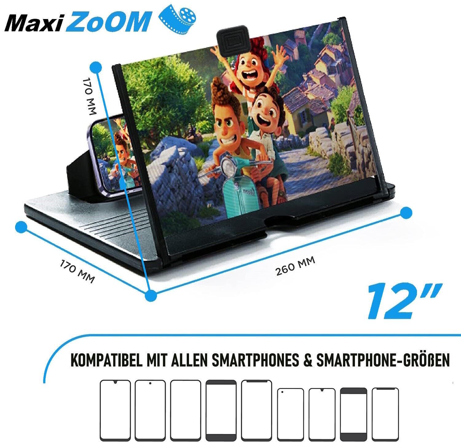 MAXIZOOM Handy 3D Bildschirm Lupe Smartphone Vergrößerungslupe Projektor 12"