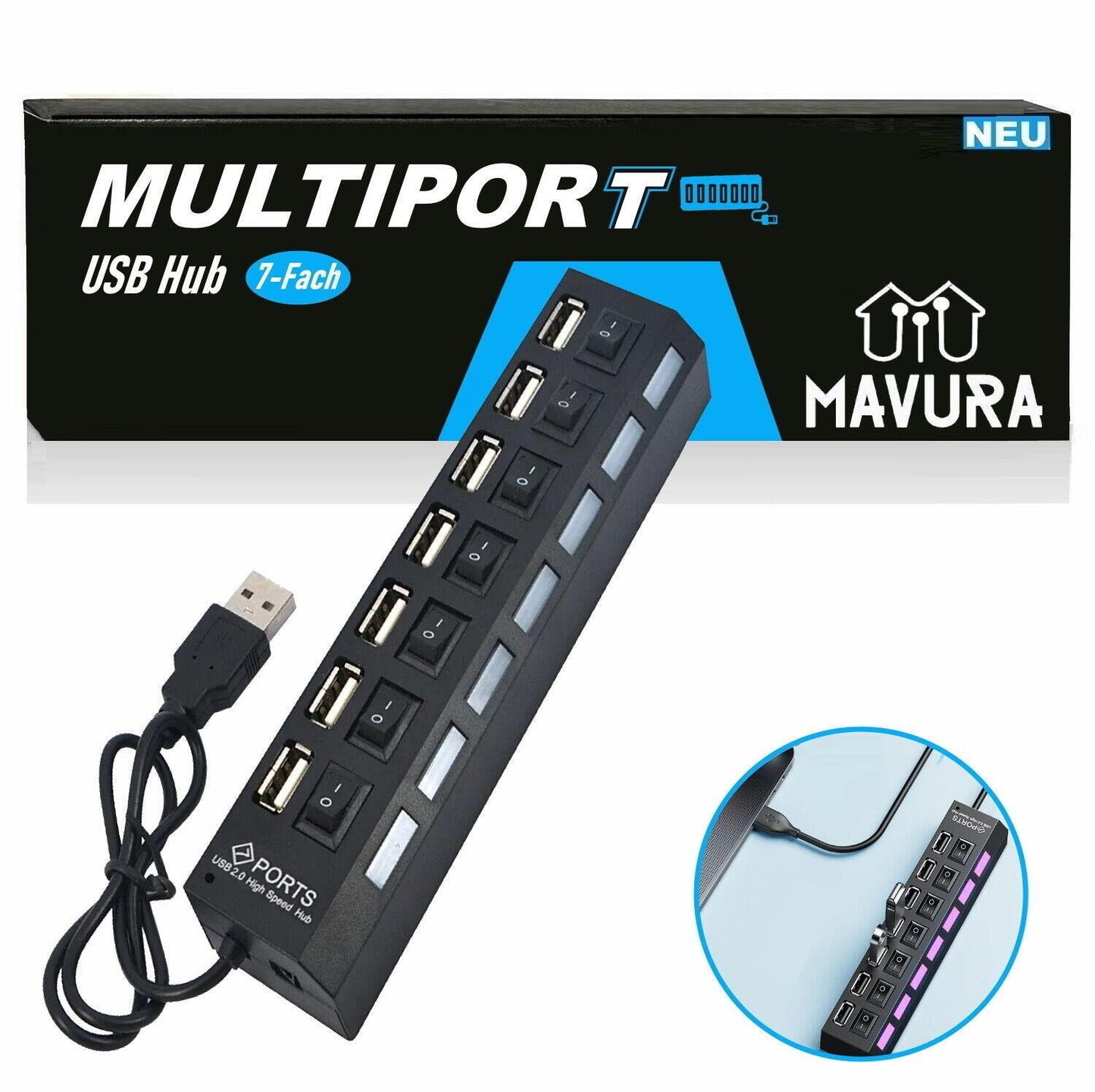 MULTIPORT USB Hub 7-fach Port Splitter Adapter Superspeed Datenhub Verteiler