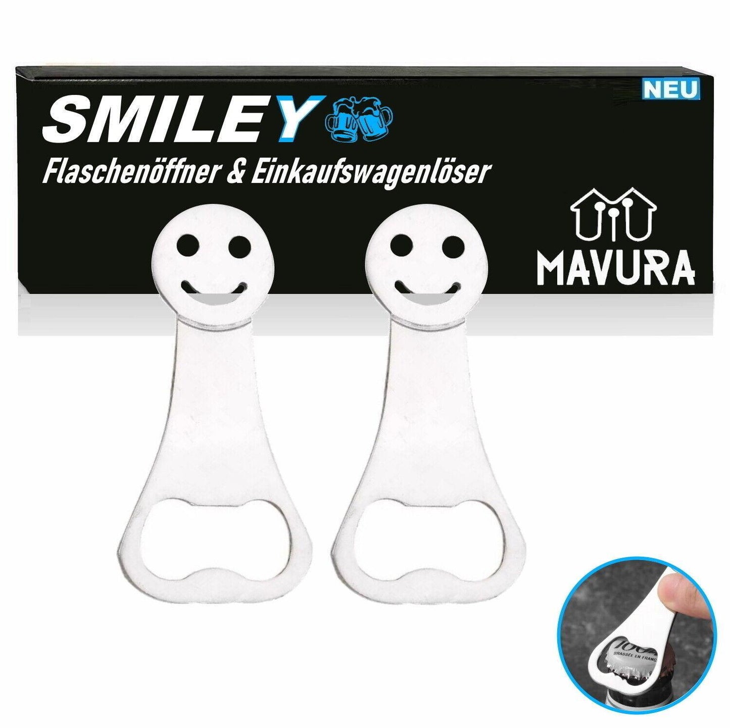 SMILEY Einkaufswagenlöser Einkaufswagenchip abziehbar Flaschenöffner Metall [2x]