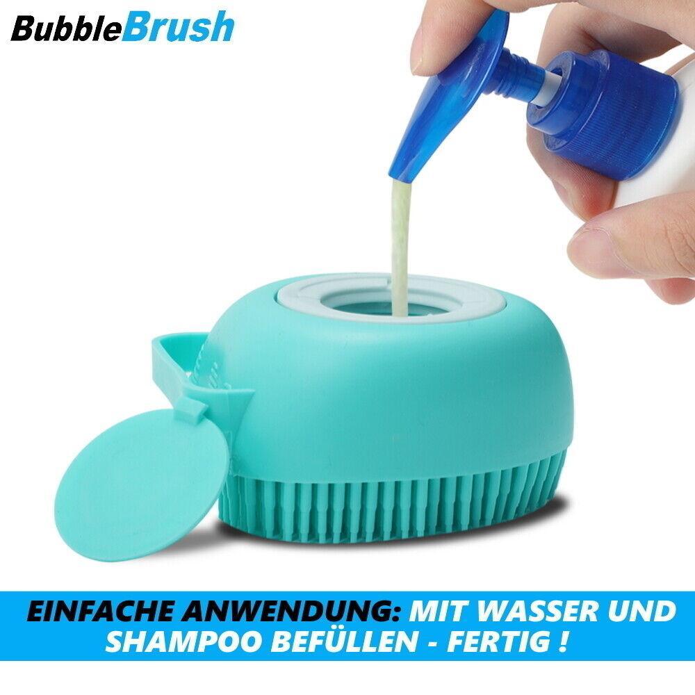 BUBBLEBRUSH Fellpflegebürste Badebürste Hund Katze Waschbürste Shampoo Spender