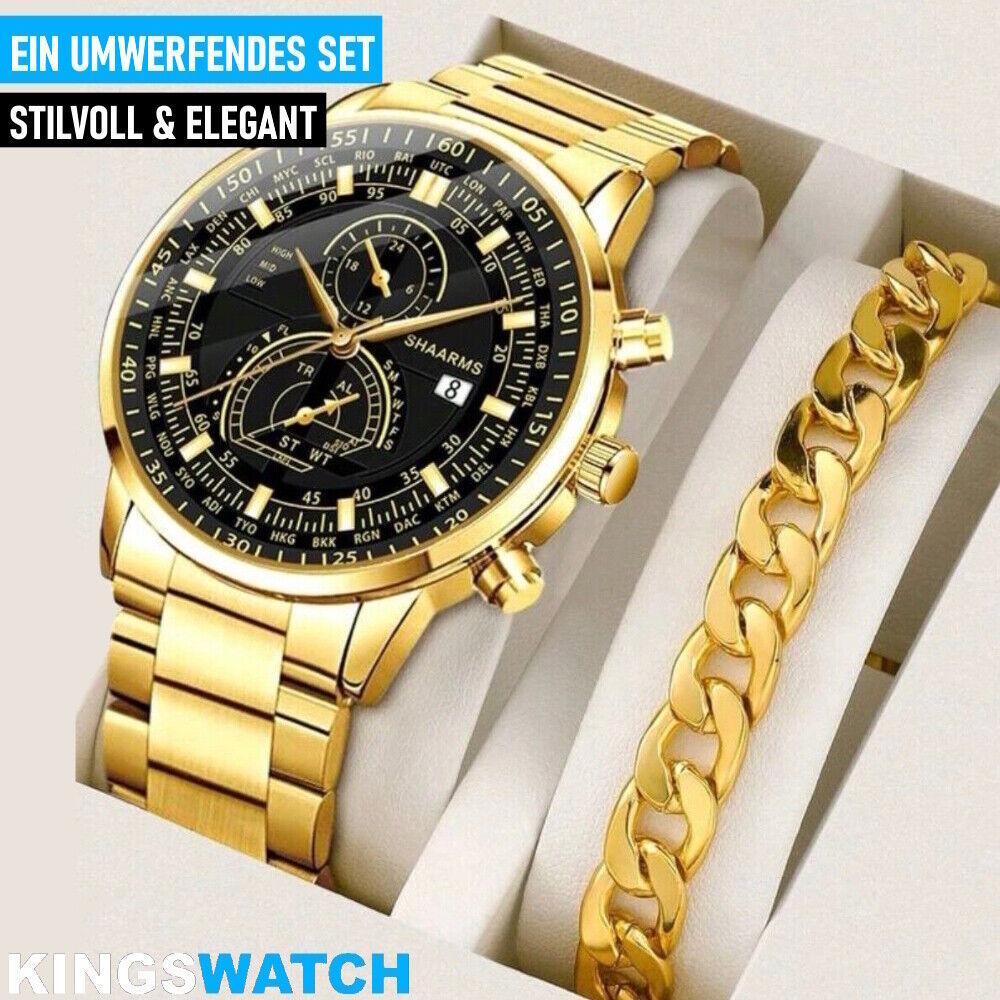 KINGSWATCH Armbanduhr Armband Set Edelstahl Herrenuhr Golduhr Goldarmband Quarz