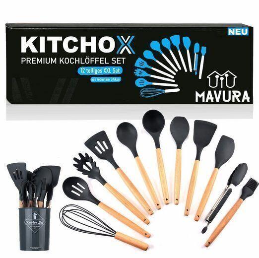 KITCHOX Küchenutensilien Set Holz Silikon Koch Besteck Löffel Helfer [12teilig]