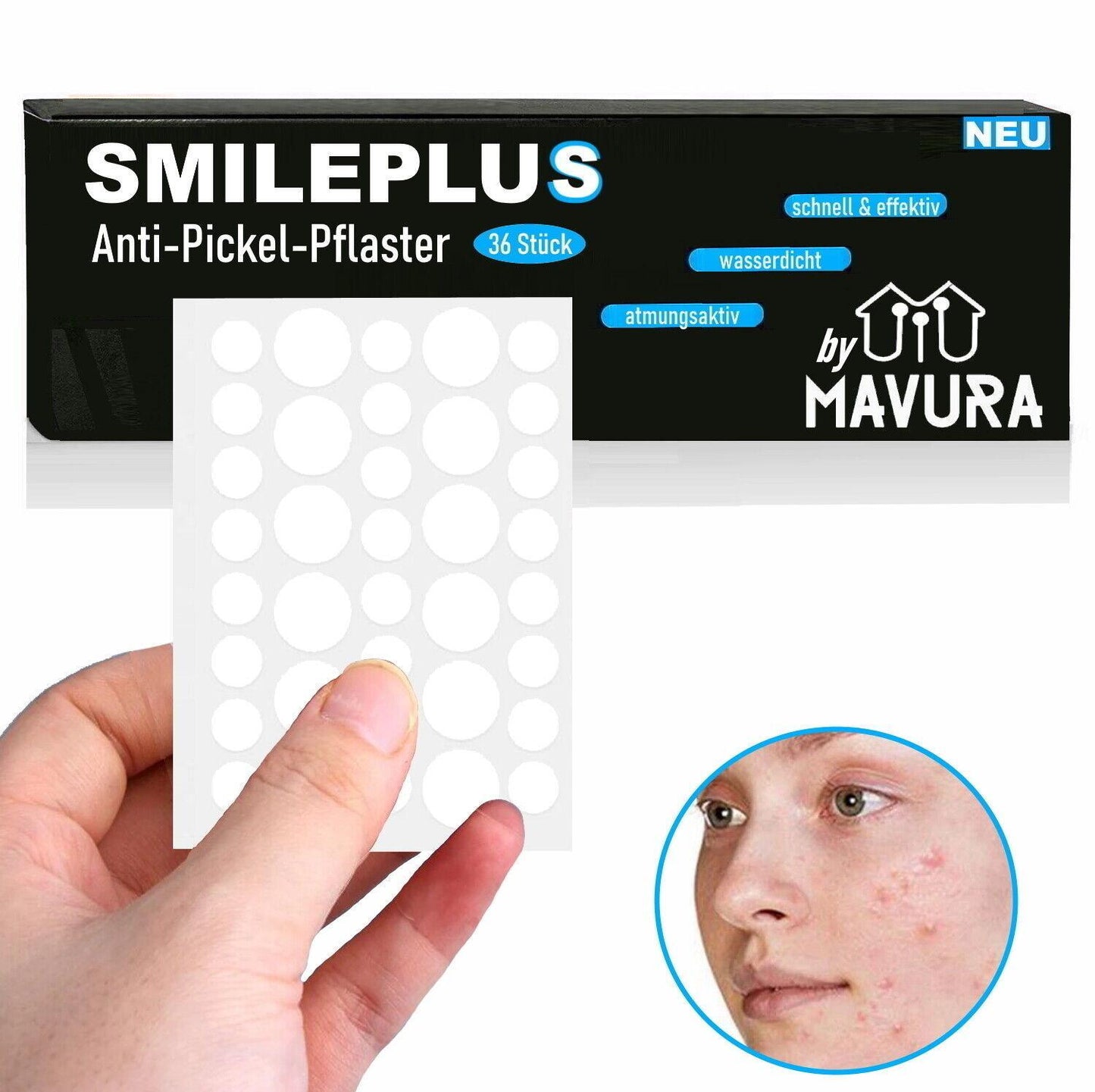 SMILEPLUS XXL Akne Pflaster Set Hydrocolloid Patch Anti Pickel Mitesser 36Stk
