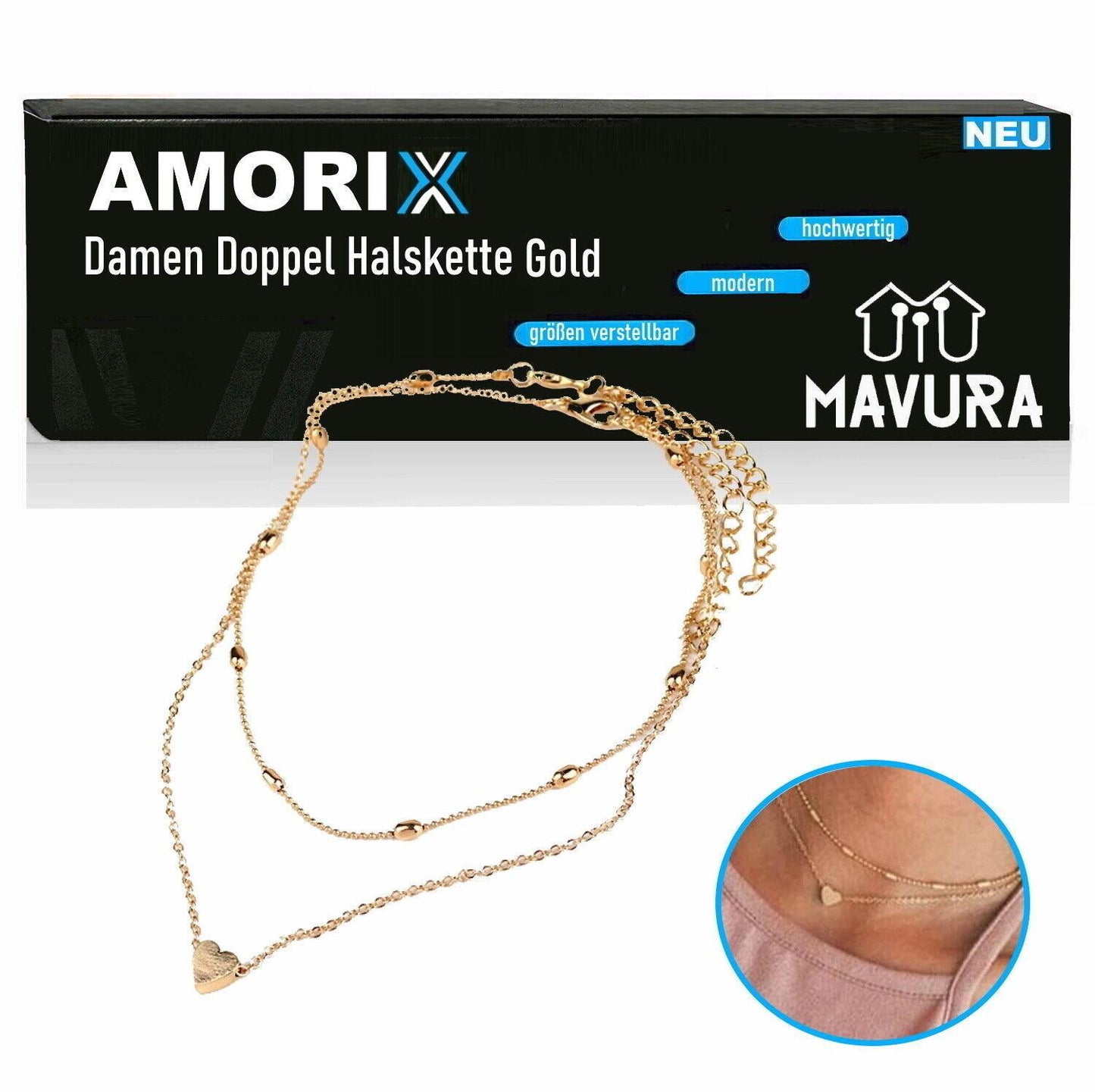 AMORIX Damen Doppel Kette Halskette Gold Herz Set Blogger kurz Valentinstag