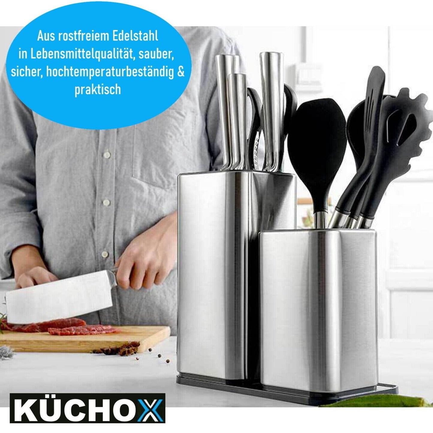 KÜCHOX Edelstahl Messerblock ohne Messer Küchenhelfer Organizer unbestückt 2in1