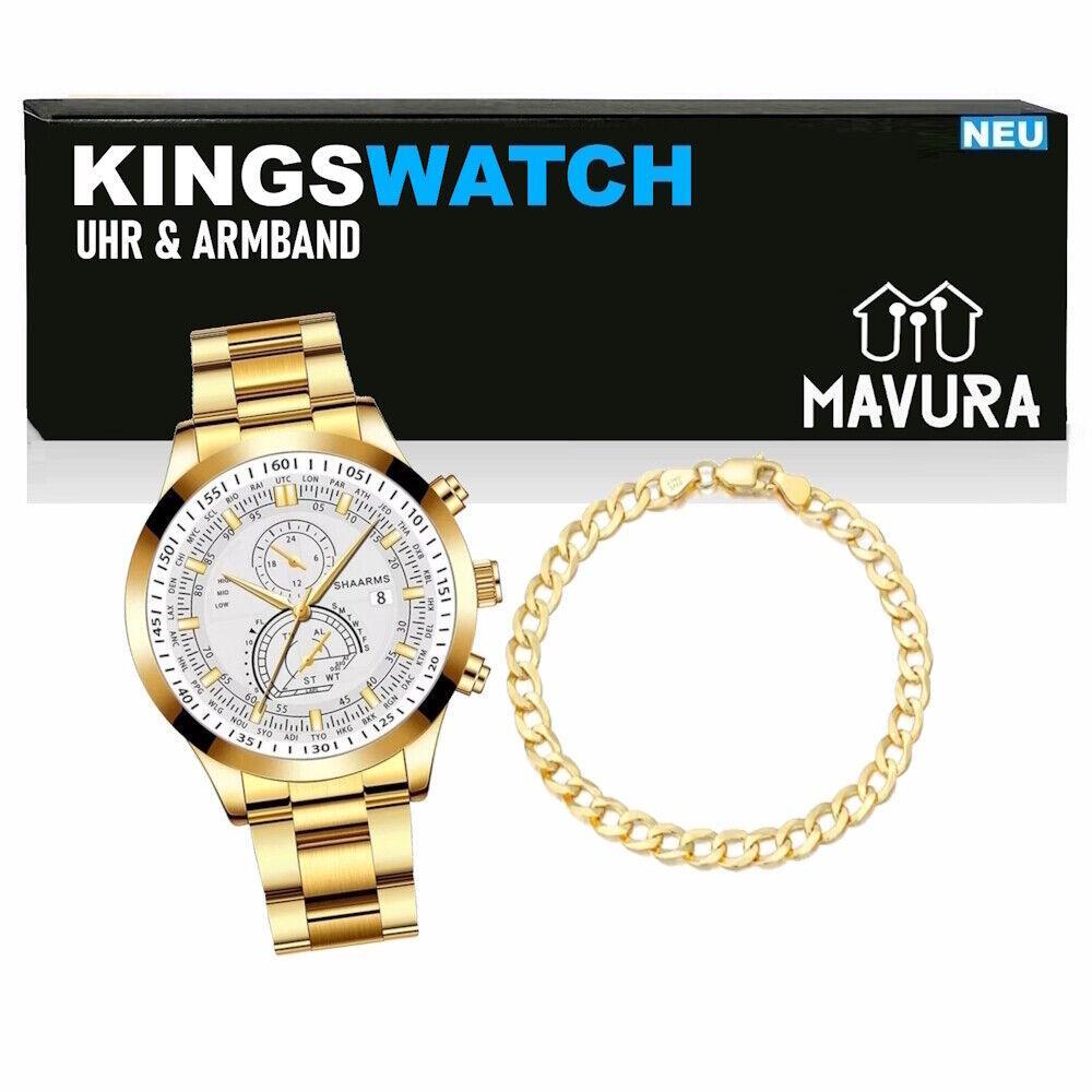 KINGSWATCH Armbanduhr Armband Set Edelstahl Herrenuhr Golduhr Goldarmband Quarz