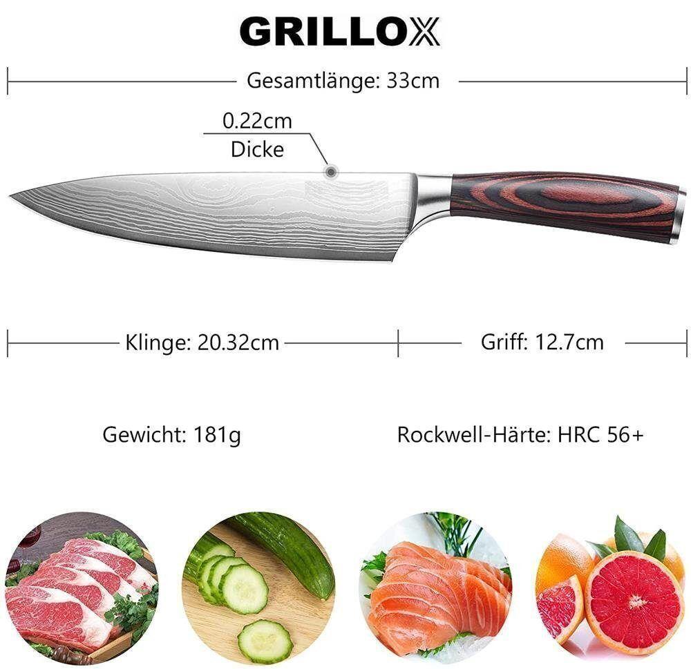 GRILLOX Kochmesser Profi Chefmesser Küchenmesser Fleischmesser Damast Look 20c
