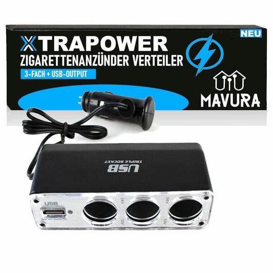 XTRAPOWER Zigarettenanzünder Verteiler Auto KFZ Adapter 3-Fach Splitter mit USB