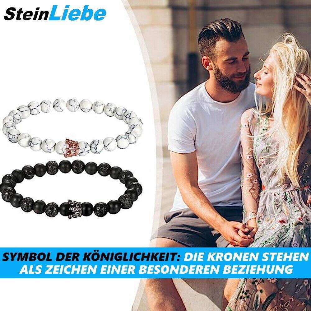 SteinLiebe Partner Armband King Queen Anhänger Set Perle Krone Marmor Optik