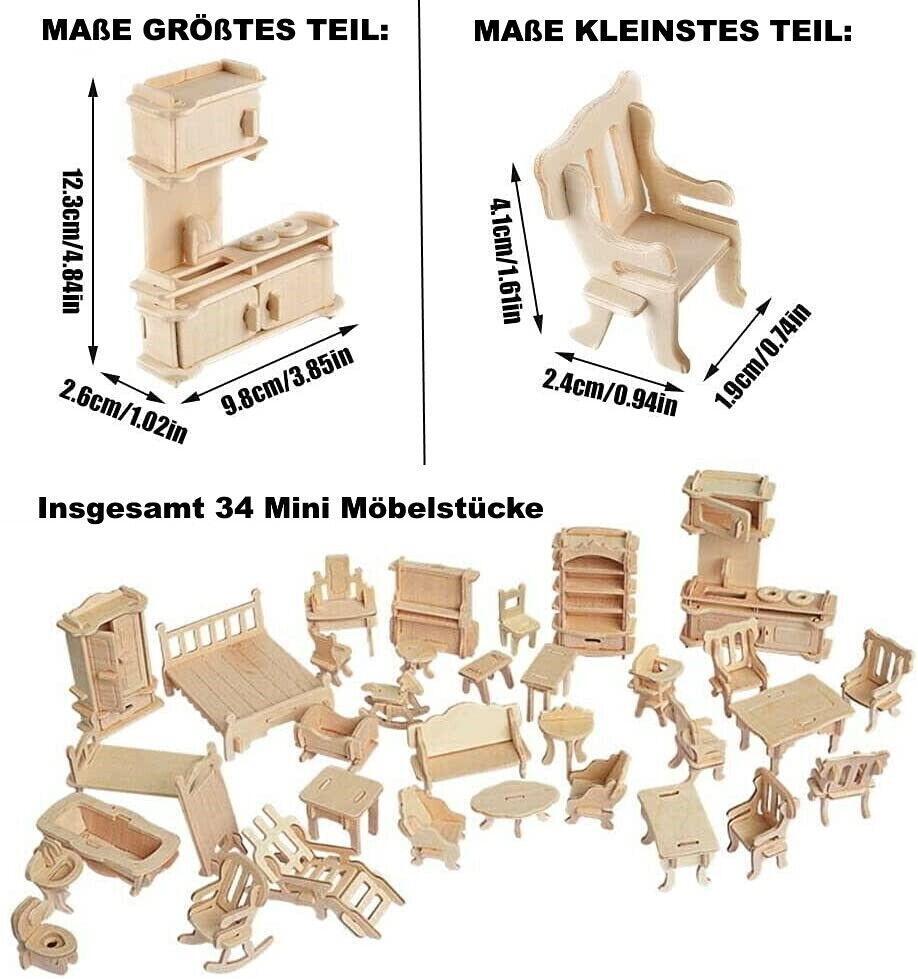 WoodArt Puppenmöbel Holz Bausatz Mini Puppen Möbel DIY Set 3D-Puzzle [34tlg]